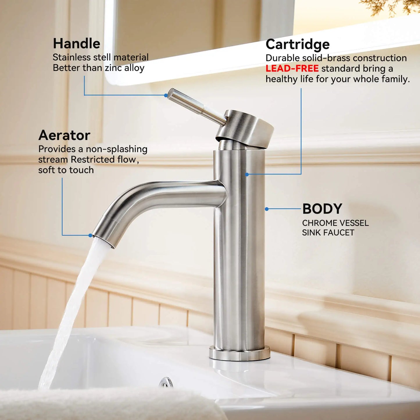Stainless Steel Bathroom Faucet With Single Handle and One Hole Model BF0101BN