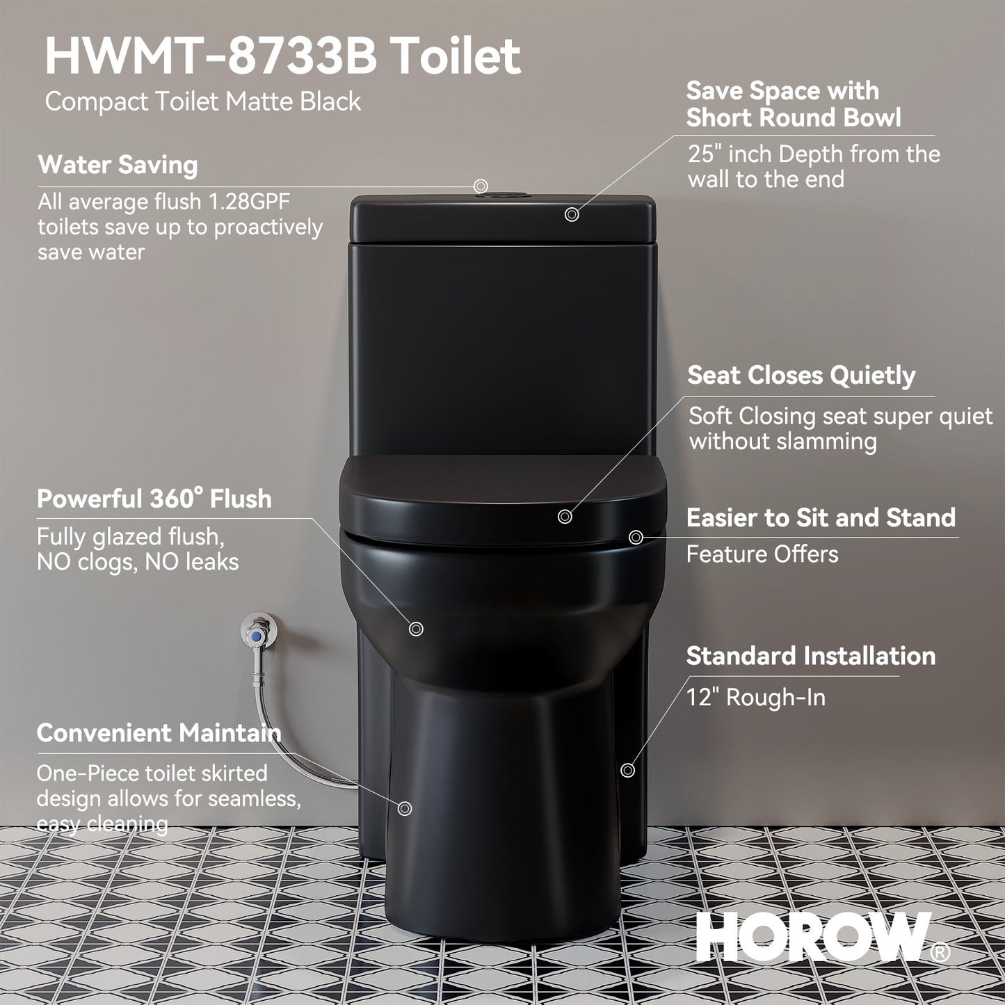 HWMT 8733 Black One Piece Toilet For 12 Inch Rough In Model 8733B
