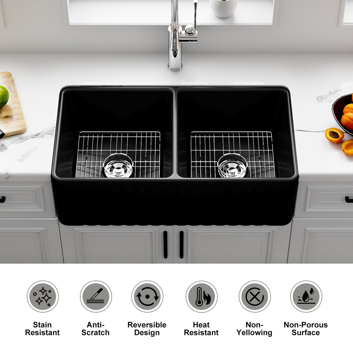 33 Inch Farm Kitchen Sink Double Basin Fireclay Model HR-DS3318B