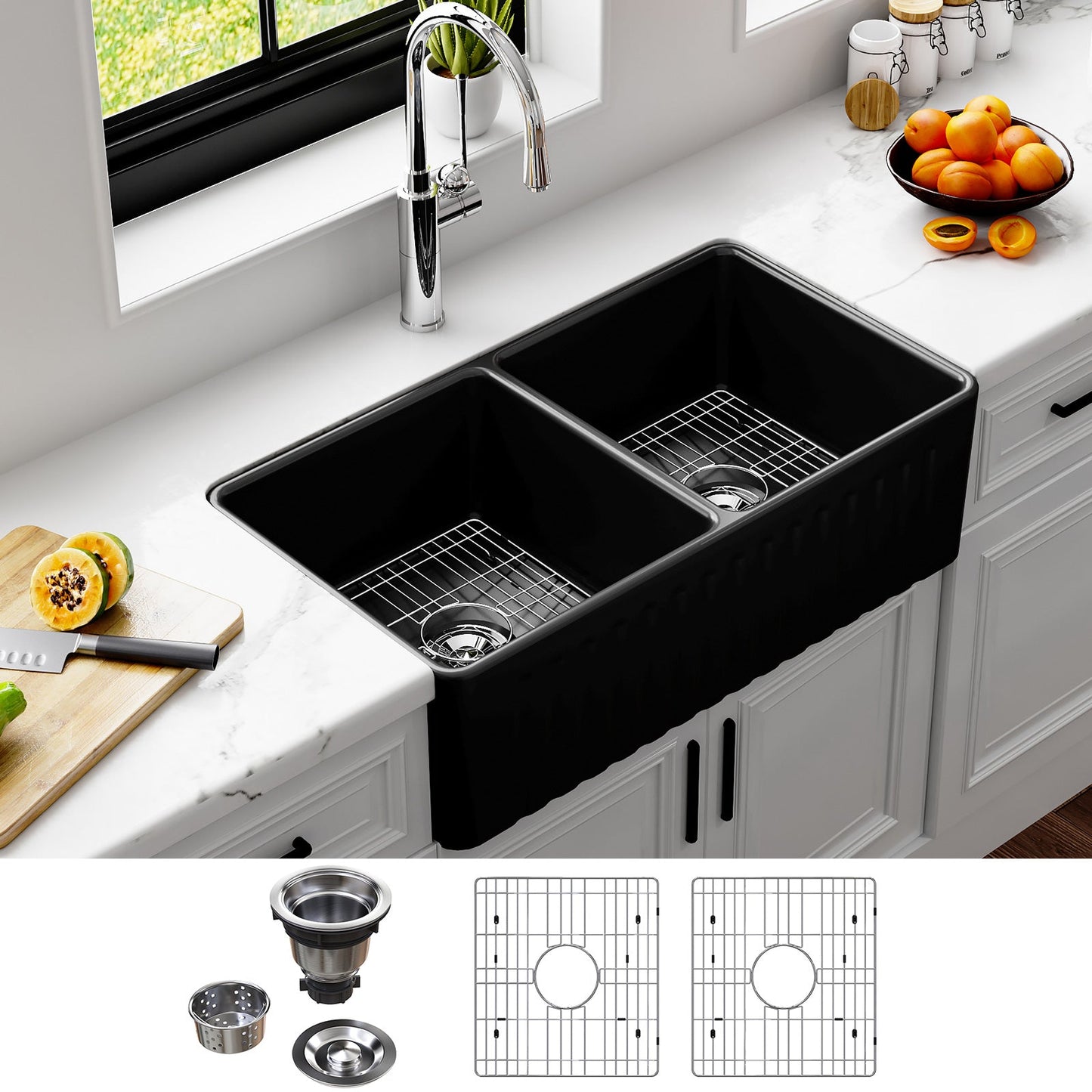 33 Inch Farm Kitchen Sink Double Basin Fireclay Model HR-DS3318B