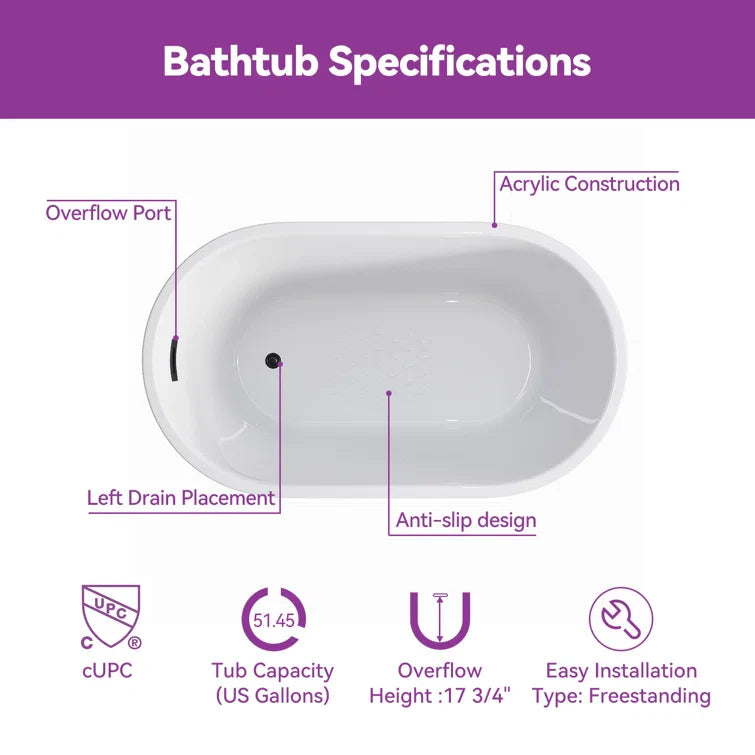 Freestanding Acrylic Bathtub 47 inch Soaking Tub Model TU47-MB-NS