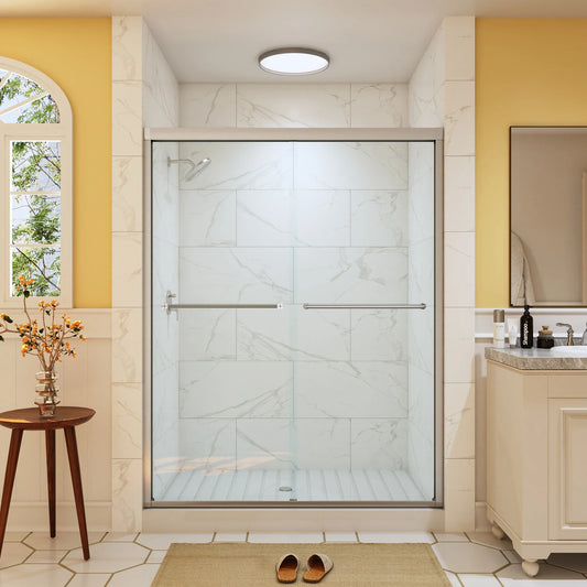 Bathroom Sliding Glass Door 60 Inch Brushed Nickel Frameless Shower Door Model BE6076-BN