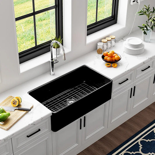 36 Inch Sink Black Kitchen Farm Sink With Basket Strainer Model HR-S3618B