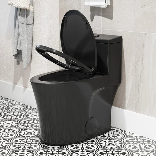 Black Ceramic Toilet 1.28 GPF Dual Flash Elongated One Piece Toilet Model T0338B